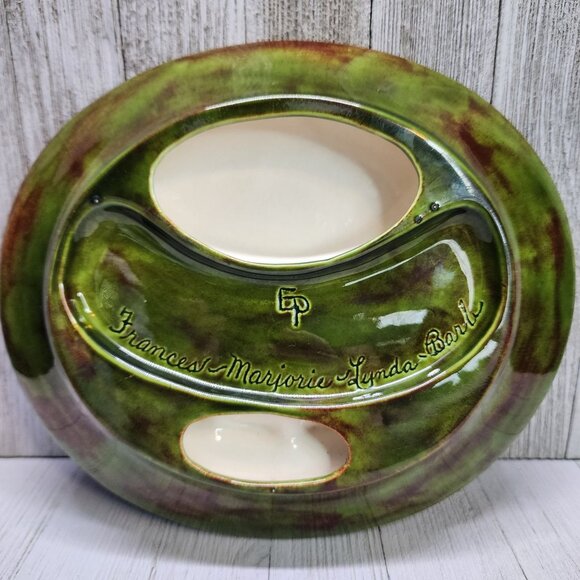 Vtg Glazed Green Two Toned Ceramic Ashtray with 11 Slots German Gothic Markings - Picture 6 of 10